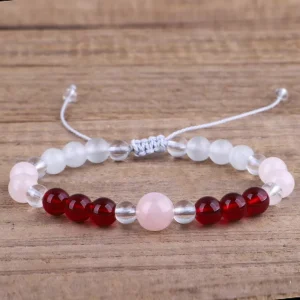 Rose Quartz and Cats Eye Stone Bead Braided Bracelet with Crystal Rhinestones