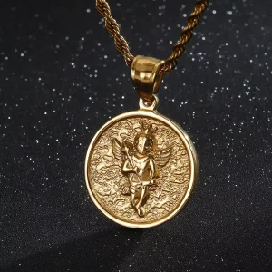 Round Praying Angel Cherub Pendant PVD Gold-Plated Stainless Steel