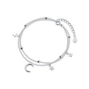 S4408 925 Sterling Silver Bead Stars and Moon Double Layer Link Bracelet for Women