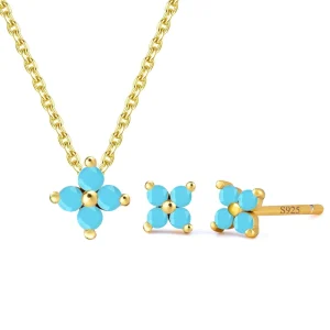 Gold-Plated Fashion S925 Pure Silver Flower Necklace and Stud Earrings Blue Turquoise Jewelry Set