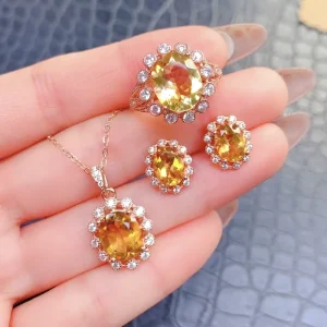 S925 Citrine Gemstone Jewelry Set Rings Necklace and Earrings Inlay