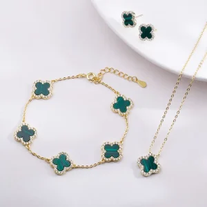 S925 Cubic Zircon Four Leaf Clover Charm Necklace, Bracelet and Drop Earring Set in 925 Sterling Silver