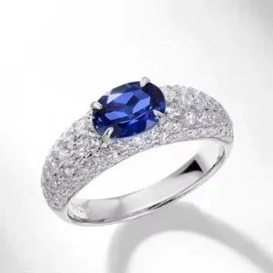 S925 Pave Wide Band Ring Oval Cornflower Lab Grown Sapphire Prong Set CNAS Certified Nickel Free OEM