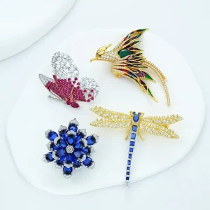 S925 Pin Brooch Blue Flower Design with CZ Stones Luxury Jewelry