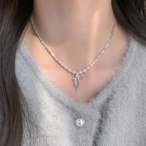 S925 Pure Silver Ballet Dream Necklace with Silver Pearl Bow Pendant