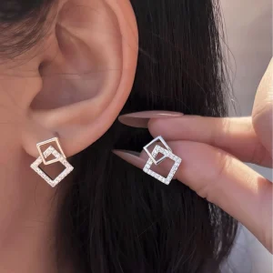 S925 Pure Silver Geometric Double Square Moissanite Stud Earrings