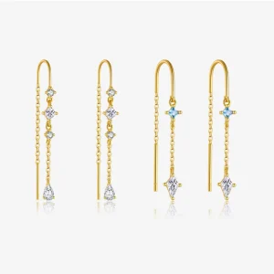 S925 Silver 18K Gold/Rhodium Plated CZ Ear Threader Earrings Multi-Gemstone Long Chain Dangle Drop Earrings for Women