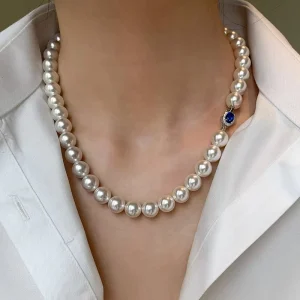 S925 Silver Blue Gemstone Clasp Crystal Pearl Necklace