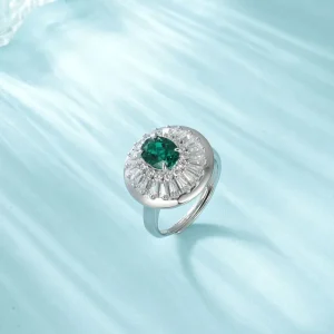 S925 Silver Circle-Shaped Lab-Grown Emerald Ring with Lab-Grown Colored Gemstones