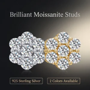 S925 Silver DVVS1 Moissanite Stud Earrings 3mm Main Stone 7-Prong Floral Cluster 10mm Screw Back