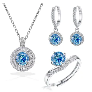 S925 Silver GRA-Certified Brilliant-Cut Moissanite Jewelry Set with Wedding Band, Open Ring, and Chain