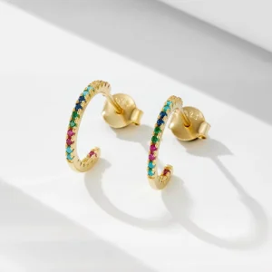 S925 Silver Inlaid Colored Zircon C-Shaped Gold Plated Cuff Hoop Earrings for Women