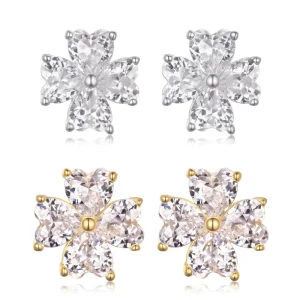 S925 Silver Moissanite Stud Earrings Heart Shaped Four Petal Flower Pair