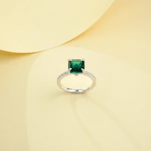 S925 Silver Square-Cut Lab-Grown Emerald 4-Prong Full-Pave Ring, CNAS Certified, Nickel-Free