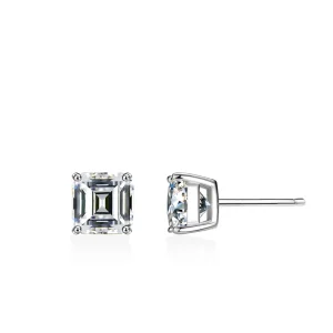 S925 Silver Women’s Four-claw Stud Earrings Rhodium Plated Simple Modern Style Square Wedding Moissanite
