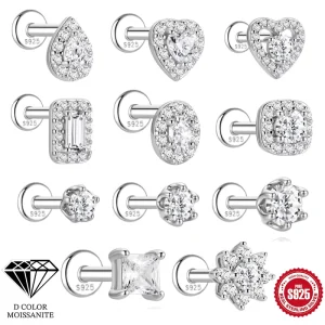 S925 Sterling Silver D-Color Moissanite Geometric Round Zircon Diamond Stud Earrings