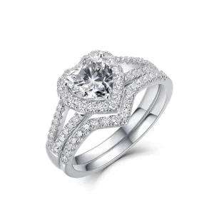 S925 Sterling Silver D Color VVS1 Heart Cut Moissanite Halo Split Shank 2 in 1 Engagement Ring Set