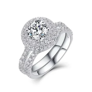S925 Sterling Silver D Color VVS1 Round Moissanite Double Halo Full Pavé 2-in-1 Engagement Ring Set
