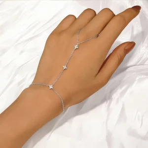 S925 Sterling Silver Diamond-Encrusted Women’s Four-Leaf Flower Chain Link Bracelet