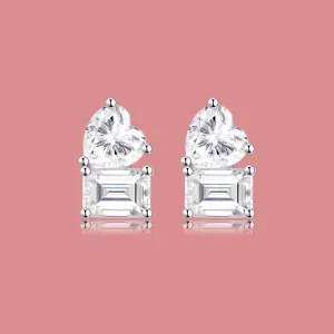 S925 Sterling Silver Double-Stone Emerald Heart-Shaped Moissanite Stud Earrings