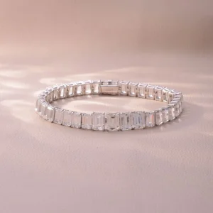 S925 Sterling Silver Emerald Cut Moissanite Tennis Bracelet, Wide Band Rectangular Step, Women’s