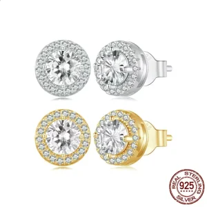 S925 Sterling Silver Full Diamond Round Stud Earrings for Wedding Jewelry