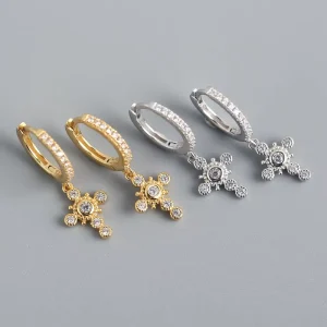 S925 Sterling Silver Gold-Plated Diamond Cross Dangle Hoop Earrings