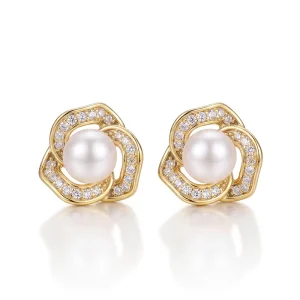 S925 Sterling Silver Gold-Plated Flower CZ Freshwater Pearl Stud Earrings