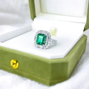 S925 Sterling Silver Rectangle Zircon Ring Vintage Style Simulated Emerald Gemstone