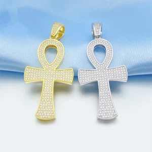 S925 Sterling Silver Rhodium Plated Ankh Cross Bezel Setting Tennis Chain Pendant Gold Plated