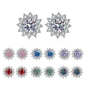 S925 Sterling Silver Rhodium-Plated Color Moissanite Stud Earrings Women’s Multi-Claw Full Sunflower