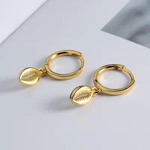 S925 Sterling Silver Shell Pendant Earrings Personalized 18K Gold Plated Hoop Shell Huggie Earrings