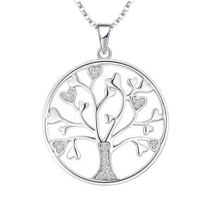 S925 Sterling Silver Tree of Life Pendant Necklace with Zircon, Rhodium Gold Plated
