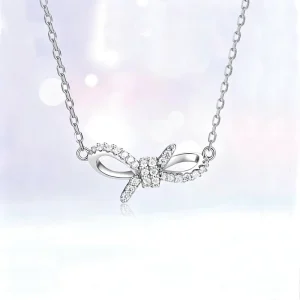 S925 Sterling Silver Zircon Bow Pendant Necklace