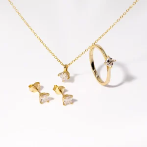 Moissanite Jewelry Set, S925 Silver Plated with 18K Gold, Square Princess-Cut Necklace, Ring and Earrings
