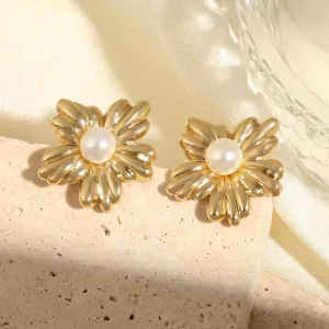 SGE030 Ocean Series Stainless Steel Heart Shell Pearl Stud Earrings Gold Plated