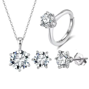 SMON04 R02 E03 Moissanite Rhodium-Plated Sterling Silver Wedding Jewelry Set, Necklace Ring and Earrings
