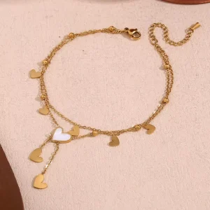 Saint Valentin Heart Charm Anklets for Women Double Layer Shell Jewelry Gold Plated Stainless Steel Jewelry