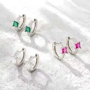 Silver Gold-Plated Hoop Earrings with Square Crystal Zircon for Women