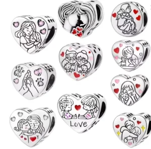 Silver Heart-Shaped Pendant Charms Beads for DIY Bracelets