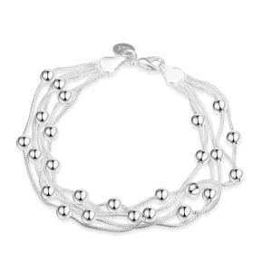 Silver-Plated Copper Multi-Strand Beaded Chain Bracelet with Heart End Cap and Lobster Clasp