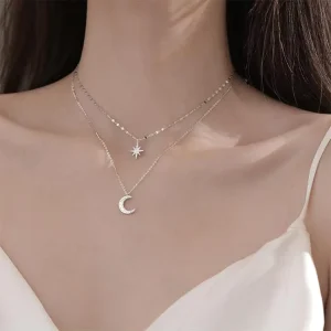 Silver-Plated Double-Layer Stars Choker with Crystal Moon Pendant