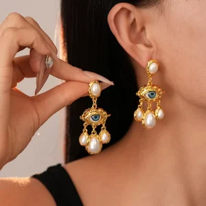 Silver-Plated Imitation Pearl Water Drop Tassel Earrings, Retro Style