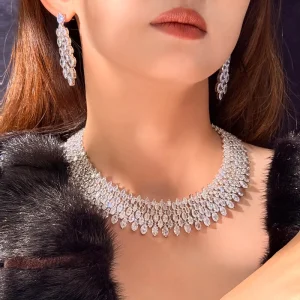 Silver Rhodium Plated Bridal VVS CZ Necklace with Dangle Tassels Drop Earrings Jewelry Set