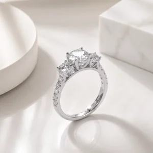 Silver Three Stone Moissanite Platinum Wedding Ring