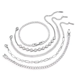 Silver Tone Stainless Steel Paperclip Link Bracelet with Round Zircon Stations for Women