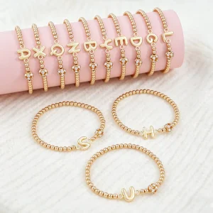 Simple Gold Plated Bead Tennis Bracelet with Diamond Initial Alphabet A-Z Name for Girls and Teens
