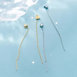Simple Long Chain Drop Earrings 925 Sterling Silver Romantic Heart Dangle Earrings for Women Fine Jewelry
