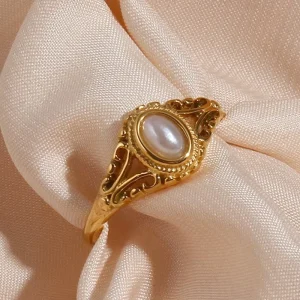 Simple Vintage Gold Flower Pearl Ring Stainless Steel for Women