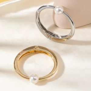 Single Pearl Open Bangles Gold Silver Polished Spring Hinged Cuff Pearl Bracelets Trendy Minimalist Women Jewelry